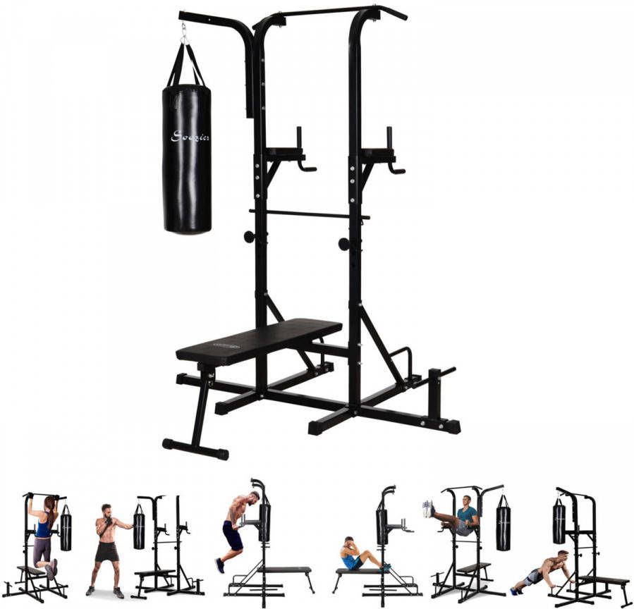 FitGoodz Power Tower Krachtstation Home Gym Pull Up Bar Dip Station Halterbank Inclusief Bokszak