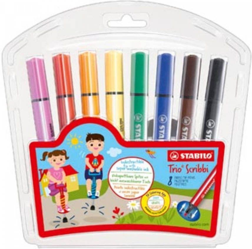 STABILO Ergonomische Viltstift Trio Scribbi Onverwoestbaar Door Meeverende Punt Etui met 8 Kleuren
