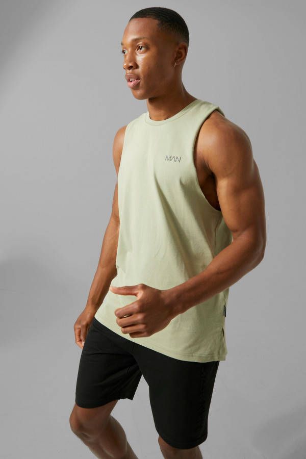 boohoo Man Active Fitness Tank Top Met Geweven Label, Sage