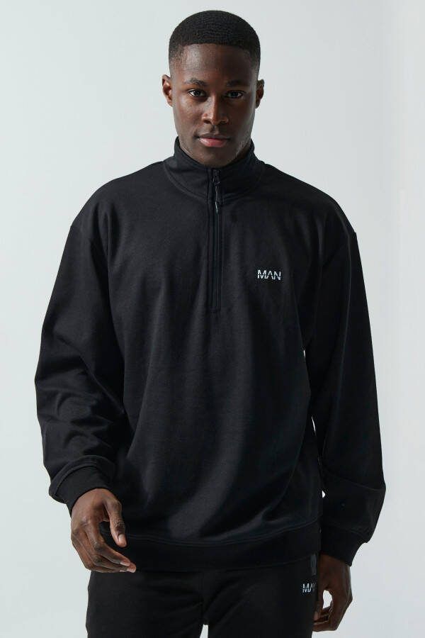 boohoo Man Active Oversized Sweater Met Halve Rits En Hoge Kraag, Black