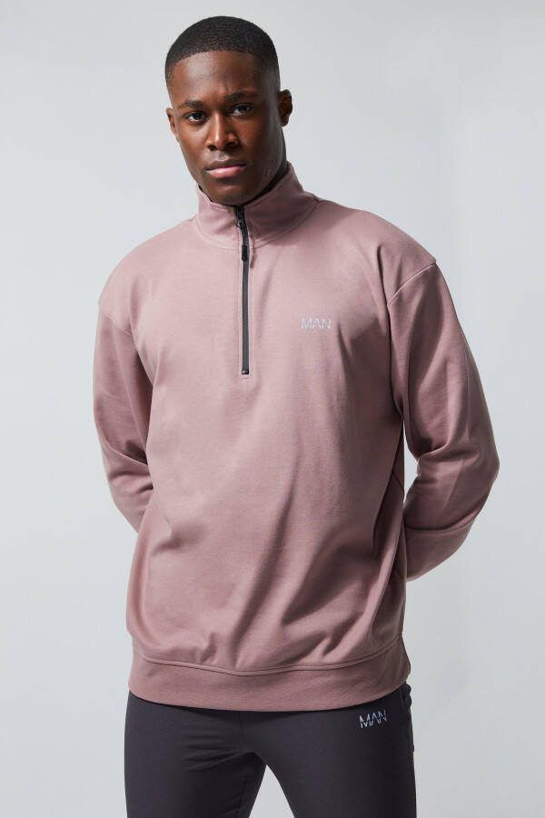 boohoo Man Active Oversized Sweater Met Halve Rits En Hoge Kraag, Mauve