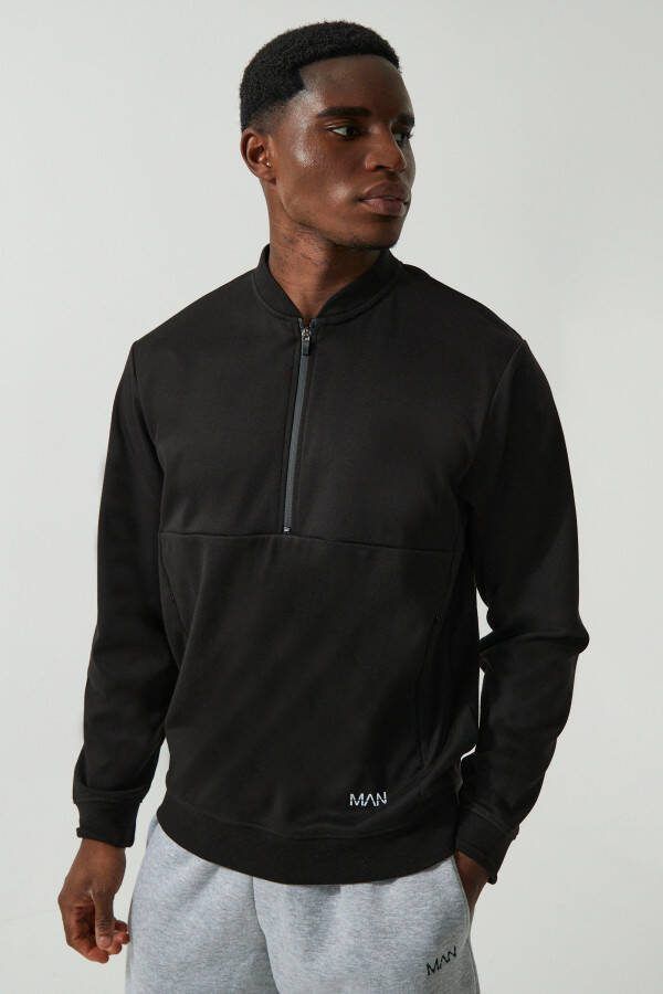 boohoo Man Active Trui Met Halve Rits En Crewneck, Black